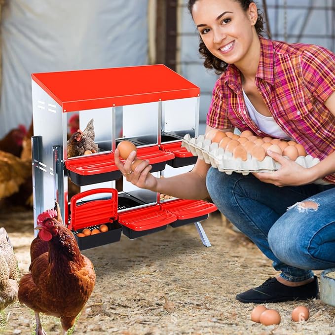 6 Compartment Metal Chicken Nesting Box, Automatic Roll-Out Egg Collection, Waterproof Galvanized Steel Laying Box with Perch & Wall Mount, for Hens Ducks Rabbits, Red