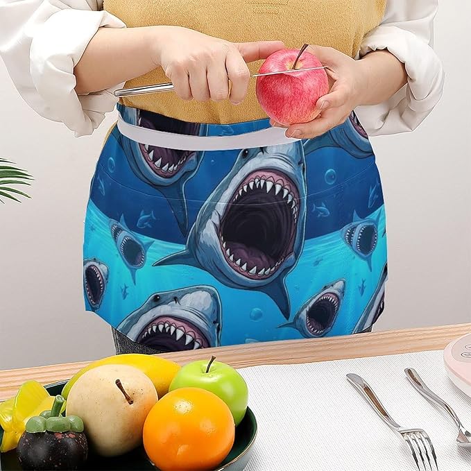 Unisex Chef Waiter Apron Waist Half Short Serving Aprons with 3 Pockets