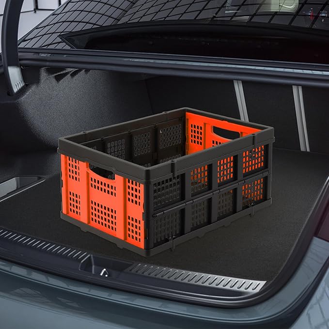 14.5 Gallon Orange Collapsible Milk Crate, Heavy-Duty Plastic Storage Container with Handles, 55 LBS Load Capacity Stackable Folding Bin for Home Office Farm Garage Basement.