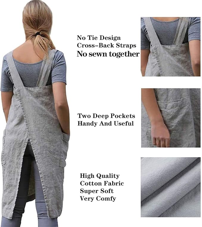 Japanese Pinafore Apron Smock Cotton Apron with Pockets Plus Size Aprons for Women