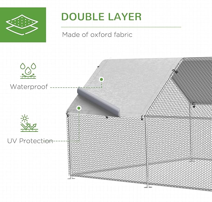 PawHut Large Chicken Coop Metal Chicken Run with Waterproof and Anti-UV Cover, Flat Shaped Walk-in Fence Cage Hen House for Outdoor and Yard Farm Use, 1.3" Tube Diameter, 9' x 24' x 6.5'