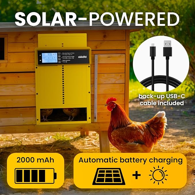 Okkobi Automatic Chicken Coop Door Solar Powered - LCD Display - Chicken Coop Door with Remote Control, Light Sensor & Timer - Security & Peace of Mind: Anti-Pinch Function - 5-Year Protection