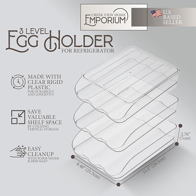 Egg Container for Refrigerator - Clear Stackable 3 Tier Plastic Egg Holder Drawer - 4 Dozen Capacity Farm Eggs Organization Storage Trays for Fridge or Kitchen Counter
