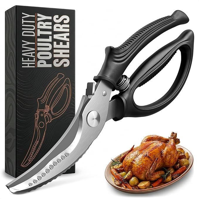 Poultry Shears Heavy Duty – Stainless Steel Chicken Shears | Meat, Vegetables, Seafood | Fish Scale Remover & Bone Scissors | Bone Cutting Scissors with Non-Slip Serrated Saw-Like Edge, Safety Lock