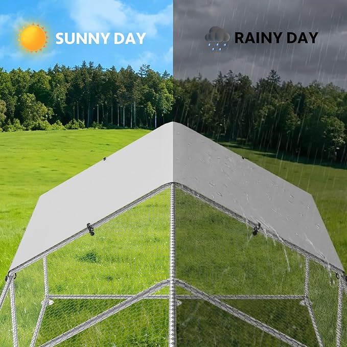 Large Metal Chicken Coop with Waterproof and UV-Resistant Cover,Chicken Run Outdoor Walk-in Cage Rabbit Duck Hen House for Yard Farm Use Spire Roof(10' L x 14.8' W x 6.5' H)