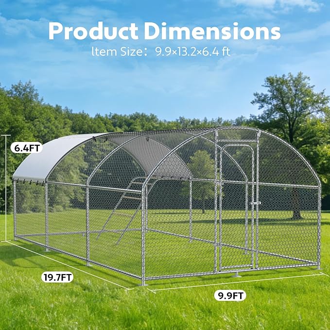 Large Metal Chicken Coop with Roosting Perch Walk-in Poultry Cage Chicken Run House Chicken Pen Dome Shaped Coop with Waterproof Cover for Outdoor Backyard Farm Use (10' L x 19.7' W x 6.4' H)
