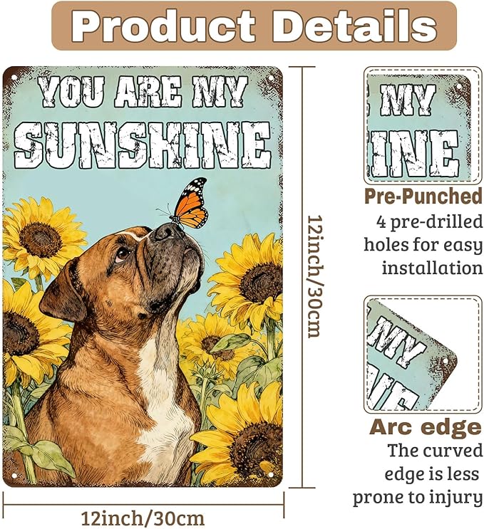 Vintage Rustic English Bulldog Tin Sign ‘You Are My Sunshine’ With Butterfly & Sunflower Metal Wall Art For Home, Kitchen, Bar, Café, Garden 8x12 Inch