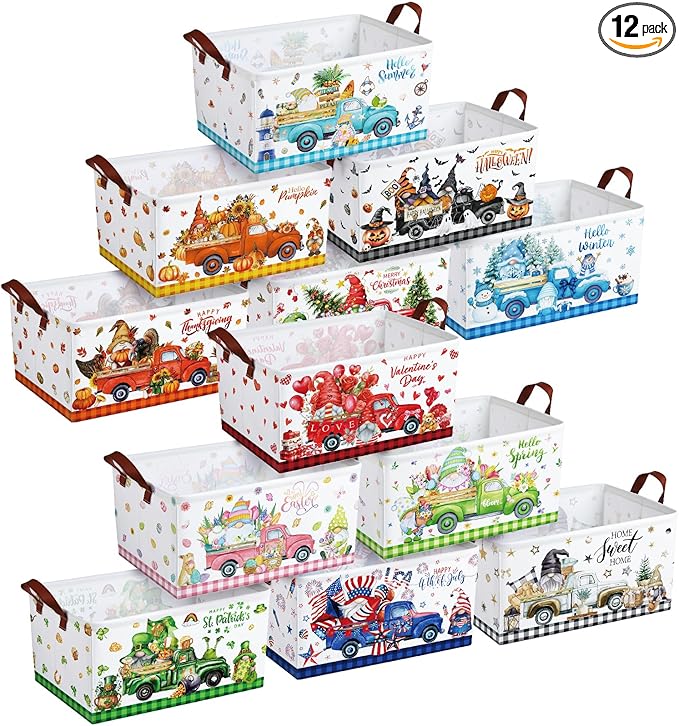 CHENGU 12 Pack Large Holiday Gifts Baskets Empty Collapsible Seasonal Storage Bin St Patricks Day Easter Canvas Laundry Basket Foldable Box with Handle for Home Office Bedroom Clothes Toys