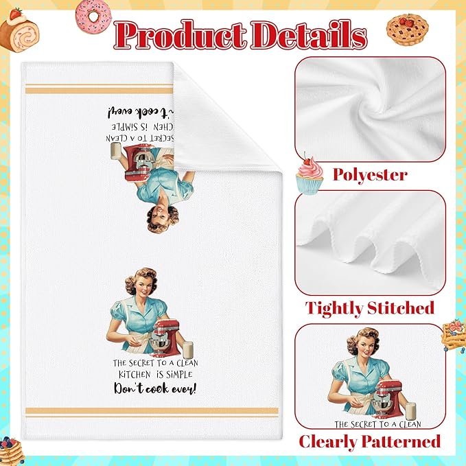 GROBRO7 Funny Kitchen Hand Towel - 6Pcs Retro Lady Cooking Dish Towels Soft Polyester Cleaning Dishcloth Home Dining Room Bath Vintage Style Decor Housewarming Gifts for Housewife Women Hostess