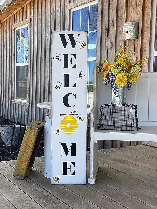 Rustic Wood Plaque Tall Porch Sign. Bee Porch Sign. Welcome Signs. Bumble Bee Hive. Wooden Signs With Sayings 4" x 16"