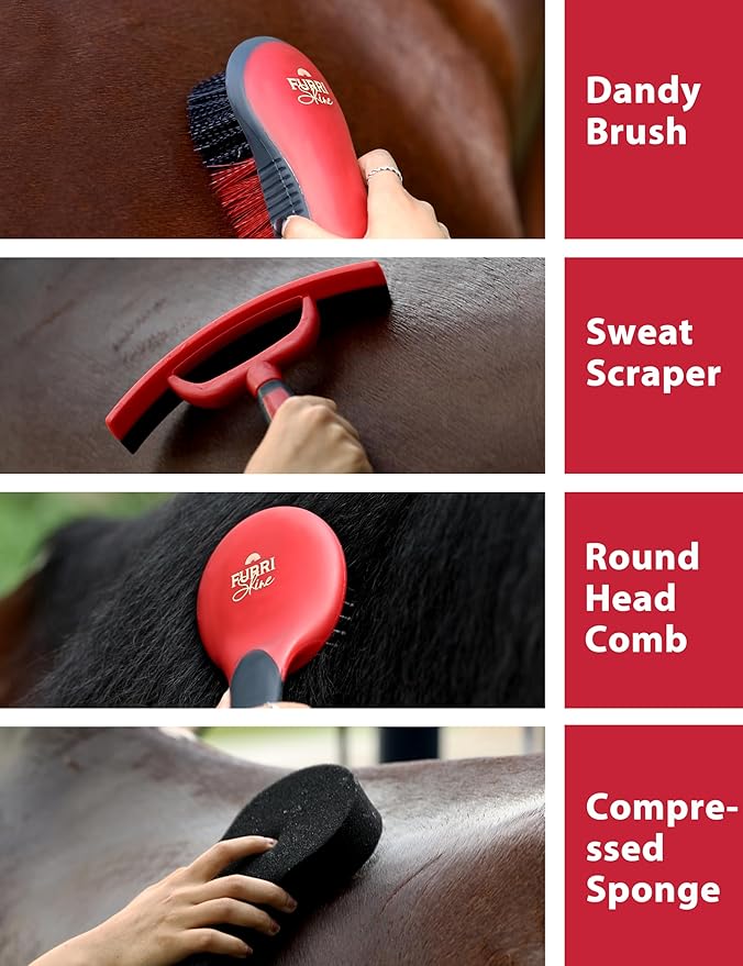 9-Piece Horse Grooming Brush Kit, Silicone Curry Comb & Grooming Brushes for Daily Care, Bathing & Shedding Shadowberry