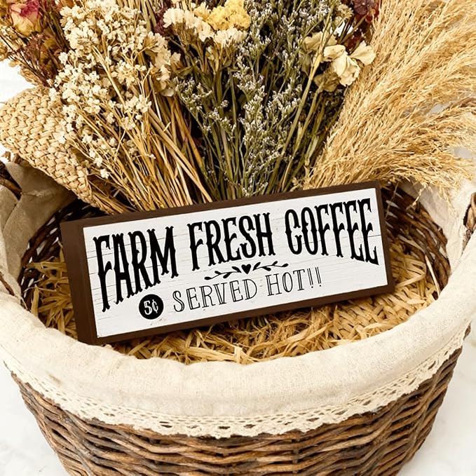Country Style Cafe Decor, Farm Fresh Coffee Sign, Decorative Wooden Wall Plaque, Home Decor for Kitchen Bar, Cafe Decors, Housewarming Gift 9.5x3.1x1 inches