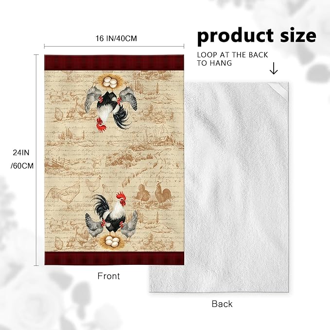 Chicken & Rooster Kitchen Towels Retro Farmhouse Dish Towels Set of 4, Absorbent Vintage Rustic Hand & Tea Towel, Rooster Kitchen Decor, Chicken Gifts for Women