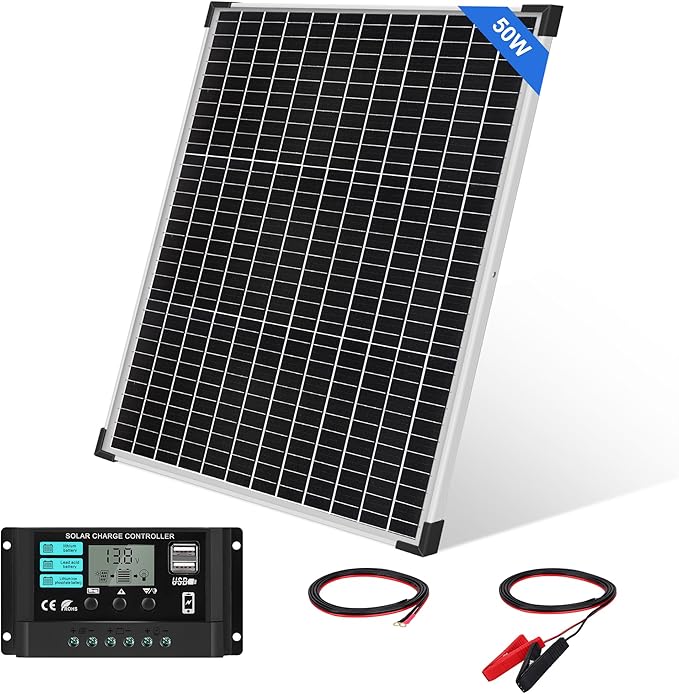 50W Solar Panel Kit with 12V/24V 10A PWM Charge Controller High Efficiency Monocrystalline Solar Panel for Roof RV Boat Farm Camping Car Caravan Camper and Other Off Grid Applications