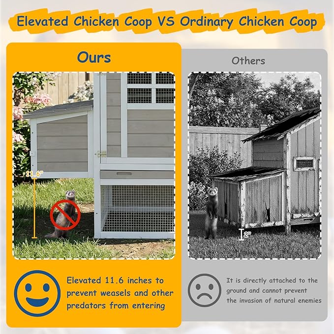 Outdoor Chicken Coop for 2–4 Chickens, Elevated 2-Tier Hen House with 3-Compartment Nesting Box, Slide-Out Tray, Reinforced L-Shaped Frame, Expandable Run Connection, Backyard Poultry Coop