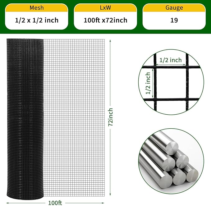 19 Gauge 1/2 Inch Hardware Cloth 72x100 Ft – Black Galvanized Steel Mesh | Chicken Wire Fence, Poultry Netting, Garden/Snake Protection & Tree Guard Rolled Fencing