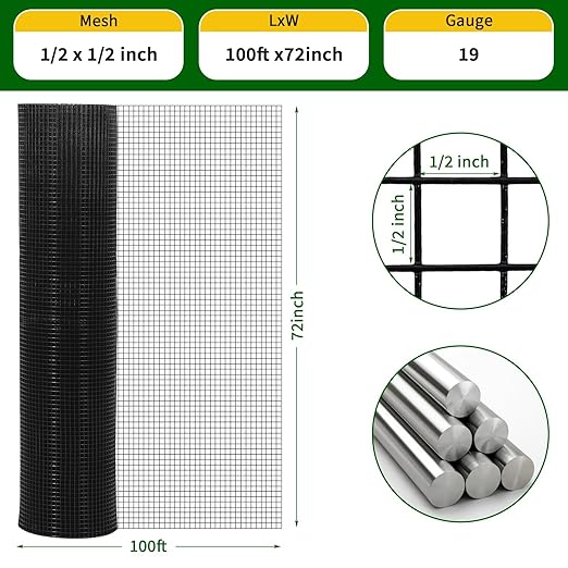 19 Gauge Hardware Cloth 1/2 Inch 72x100 Ft – Galvanized Steel Mesh | Black Chicken Wire Fence for Garden, Poultry Netting, Snake Fence & Tree Guard