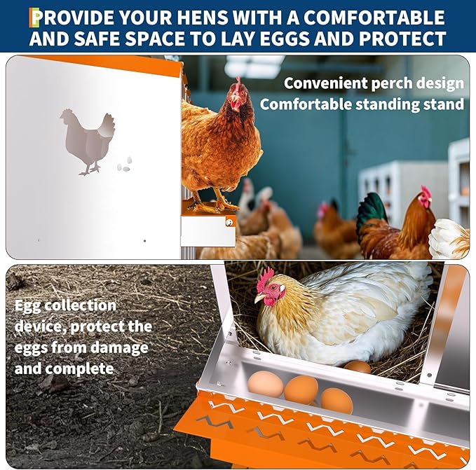 6 Compartment Metal Chicken Nesting Box, Automatic Roll-Out Egg Collection, Waterproof Galvanized Steel Laying Box with Perch & Wall Mount, for Hens Ducks Rabbits, Orange