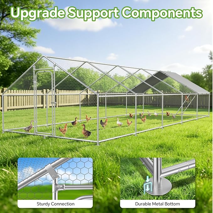 Large Metal Chicken Coop with Roosting Perch, Waterproof and UV Protection Cover, Chicken Run Outdoor Walk-in Cage Chicken Rabbit Duck Hen House, Spire Roof (393.70×118.11×77.95 in)