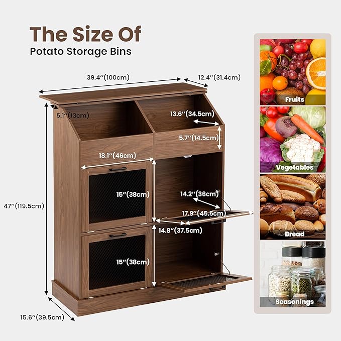 SUNBURY 47" Tall Farmhouse Kitchen Pantry Cabinet, Freestanding Wooden Vegetable Storage Hutch with Breathable Mesh Doors, 6-Compartment Floor Cabinet for Potato, Onion, Rustic Brown