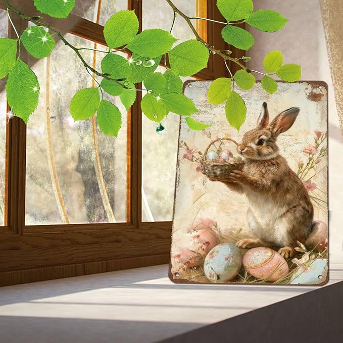 Cute Bunny Metal Sign Vintage Easter Design Rustic Farmhouse Decor Suitable For Home Garden Bar Cafe Outdoor 12X16Inch