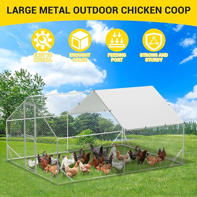 GarveeLife Large Metal Chicken Coop with Run and Cover, Walk-in Coop for Outdoor Farm Yard (13.1'L x 9.8'W x 6.6'H)