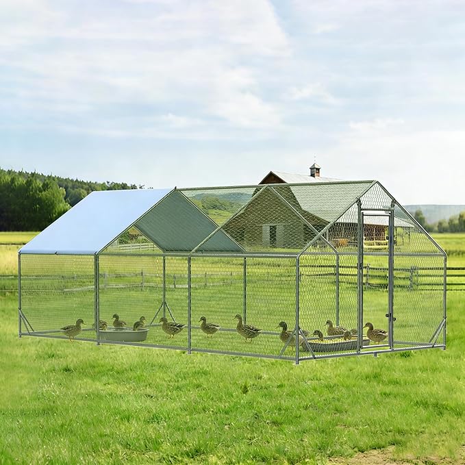Large Metal Chicken Run Walk-in Poultry Cage Spire-Shaped Chicken Coop with Waterproof and Anti-Ultraviolet Cover for Outside,Backyard and Farm,19.6' L x 9.8' W x 6.4' H