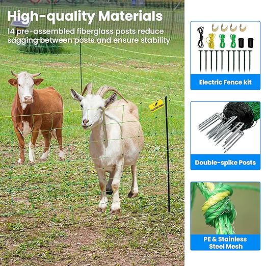 Electric Fence Netting, 42.5" H x 164'L, Portable Livestock Fencing Used in Backyards, Farms and Ranches, Electric Netting Fence for Cattle, Sheep, Goat, Hogs, Net Fencing with 14 Posts Double Spiked