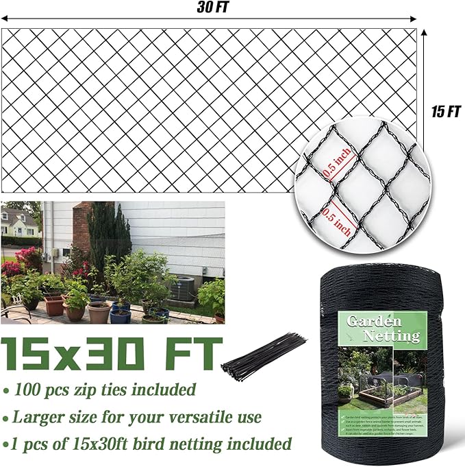 Bird Netting，15 x 30 FT Garden Netting Bird Net for Chicken Coop, Poultry Netting Fence for Fruit Trees, Plants and Vegetables Against Birds, Deer, Squirrels and Other Animals