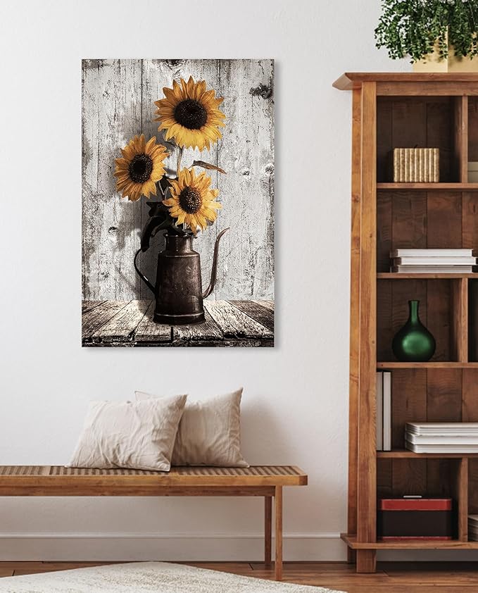 Sunflower Paintings Farmhouse Wall Art: Yellow Sunflowers Canvas Wall Art for Kitchen,Large Floral Pictures Vintage Art Prints Rustic Country Wall Hanging Decor for Bedroom Bathroom 24x36 Inches