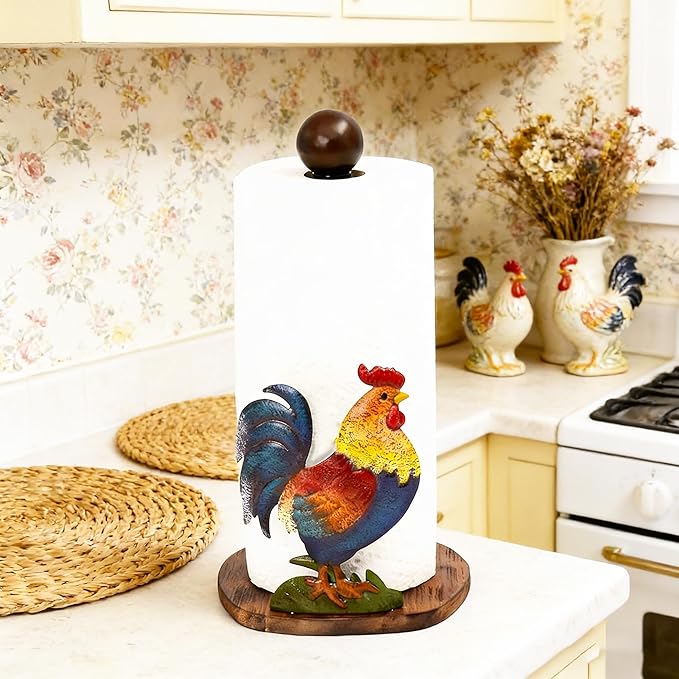 Rooster Paper Towel Holder Rooster Kitchen Decor Chicken Decor for Kitchen Roosters Farmhouse Paper Towel Holder Countertop Rustic Wood Base Paper Towel Stand
