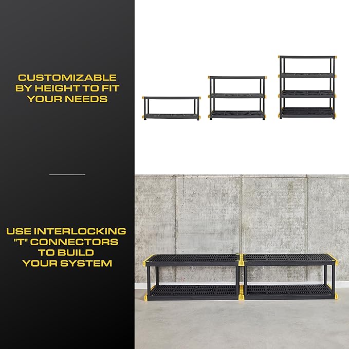 CX Black & Yellow 4-Tier Heavy Duty Storage Shelves and 8 Heavy Duty Storage Bins with Lids, 4 Shelves that Support up to 200lbs/shelf + 27 Gallon Containers (8-Pack), Organization and Storage