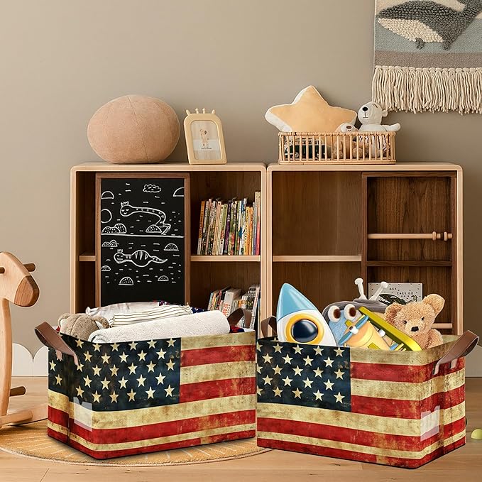 Vintage Flag Storage Baskets,Foldable Large Capacity Organizer Bins with Waterproof Lining and Leather Handles for Closet,Shelf,Bedroom 17x11.5x10Inch