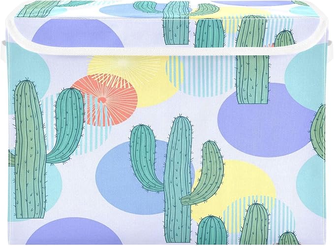 Colorful Cacti Circles Storage Bins with Lids Foldable Storage Basket with Handles Collapsible Large Fabric Organizer Containers for Clothes Shelves Closet Office Home