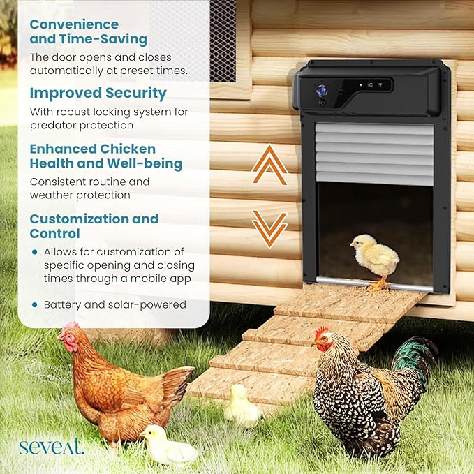 Automatic Chicken Coop Door with HD Camera, Solar Powered 5000mAh Battery - Door Opener with Remote, Timer & Anti-Pinch Sensor, App-Based Monitoring (Black)