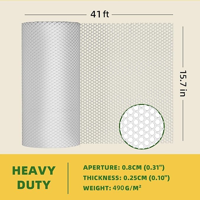 500GSM Heavy Duty 15.7IN x 41FT White Plastic Mesh Fencing Roll for Chicken Dogs Rabbit Snake Poultry Barrier Gardening, Wire Mesh Netting Fence for Balcony Garden Pet Enclosure Plant Support DIY