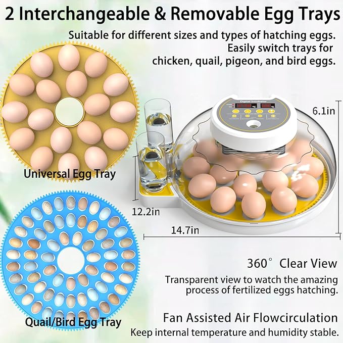 18/60 Incubator for Hatching Eggs, Egg Incubators with Humidity Display, Egg Candler, Automatic Egg Turner, Poultry Egg Incubator for Hatching Chicken Duck Bird Quails- Yellow 2 Egg Trays