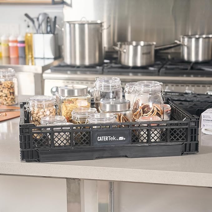 Restaurantware Plastic Milk Crates for Storage - 10 Pack - Cater Tek Stackable Storage Buns for Organizing - Collapsible Storage Basket for Groceries, Black