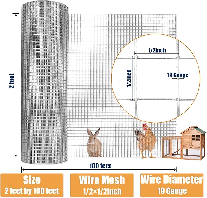 1/2inch 24Inch（H）x100Ft（L）19 Gauge Hardware Cloth Chicken Wire Fencing Hot-Dipped Galvanized Welded Chicken Wire Mesh Roll Metal Fence for Poultry Cage Home Improvement Projects