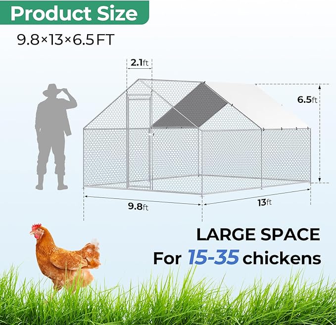 Large Chicken Coop Metal Walk-in Run 9.8' x 13' x 6.5', Heavy Duty Galvanized Steel Cage with Waterproof Cover, Secure Lock, Outdoor Pen Enclosure for Hens, Ducks, Rabbits