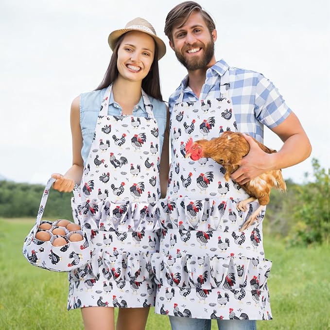 Egg Collecting Apron and Basket, 14 Pouches Chicken Egg Apron with 7 Pouches Basket, Aprons for Fresh Eggs for Chicken, Duck, Goose, Bird, Various Poultry Collection