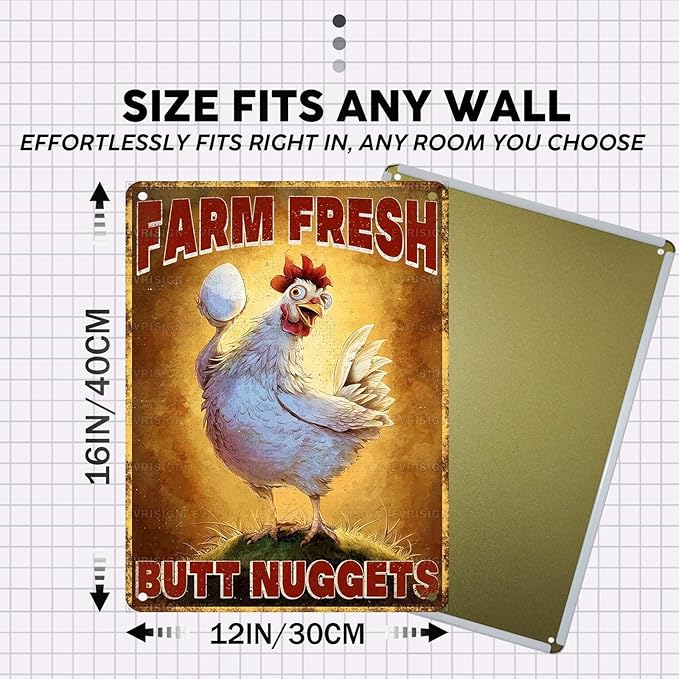Vintage Chicken Tin Sign Farm Fresh Butt Nuggets Retro Metal Sign Funny Chicken Lovers Nostalgic Rustic Wall Decor For Home Farmhouse Coop Poultry House Kitchen Outdoor Yard 16 * 12In
