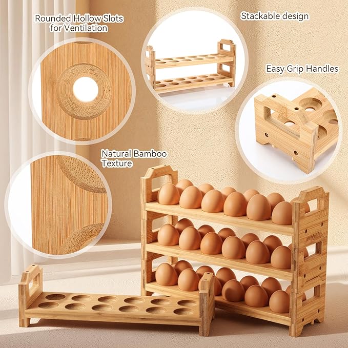 LemonRoad 4 Tier Wooden Egg Holder for Countertop, Bamboo Stackable Fresh Egg Storage Farmhouse Collecting Rack for Gathering Kitchen Organizer Duck Eggs Display, Stackable with 48 Eggs