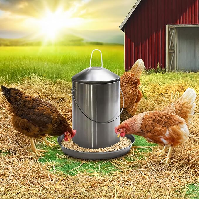 Plexon 6.6 Lb Poultry Feeder Stainless Steel Hanging Chicken Feeder no Waste Food-Grade with 10 Gallon Galvanized Storage Bucket with Locking Lid for Bird Seed Chicken Feed, Bundle
