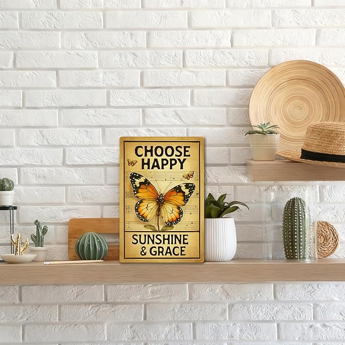 Motivational Wall Decor Metal Sign – Inspirational Butterfly Wall Art, Vintage Tin Sign with “Choose Happy” Quote – Rustic Farmhouse Butterfly Wall Decor for Bedroom, Living Room, or Country Home