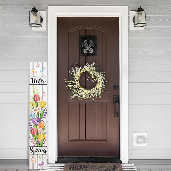 47" Large Spring Porch Sign Tulip Welcome Sign Wooden Tall Spring Porch Decor Leaner Rustic Farmhouse Front Door Decor for Holiday Outdoor Home Yard Entryway Gift