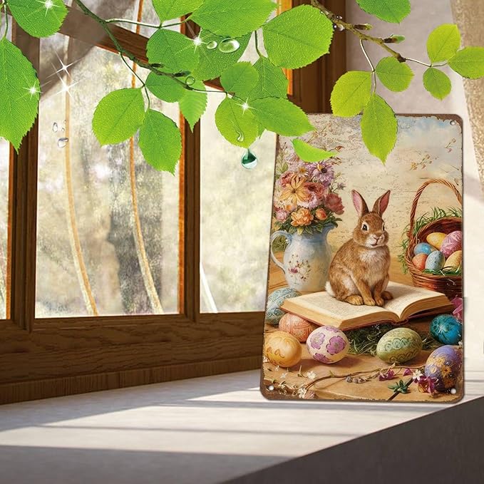 YoyaVex Vintage Easter Bunny Metal Sign Rustic Farmhouse Design Aluminum Wall Decor For Indoor Outdoor Use In Home Garden Bar Cafe Office Club 8X12Inch