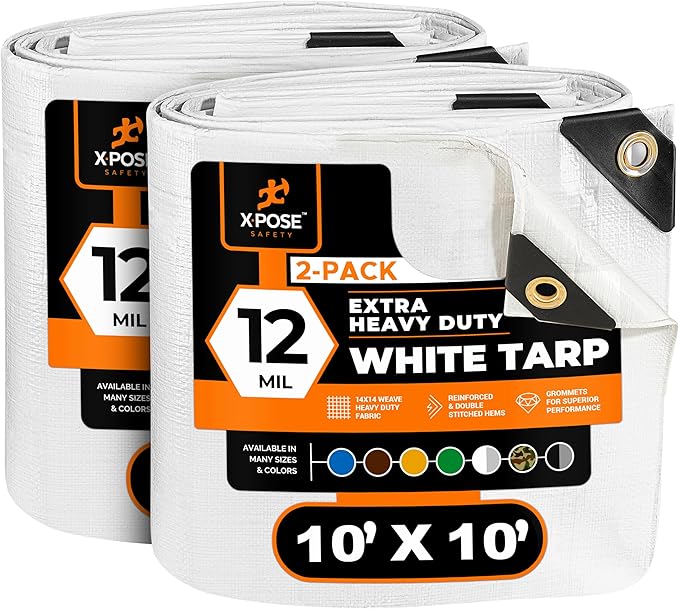 Heavy Duty White Poly Tarp 10' X 10' (2-Pack) - Multipurpose Protective Cover - Durable, Waterproof, Weather Proof, Rip and Tear Resistant - Extra Thick 12 Mil Polyethylene - by Xpose Safety
