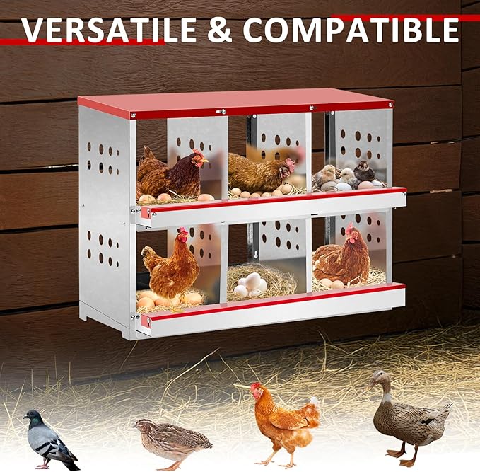 VINGLI Chicken Nesting Box 3-Compartment Roll-Out with Plastic Baskets, Egg Nesting Boxes for Hens, Chicken Coop Laying Box, Red (Red, 6 Compartment)