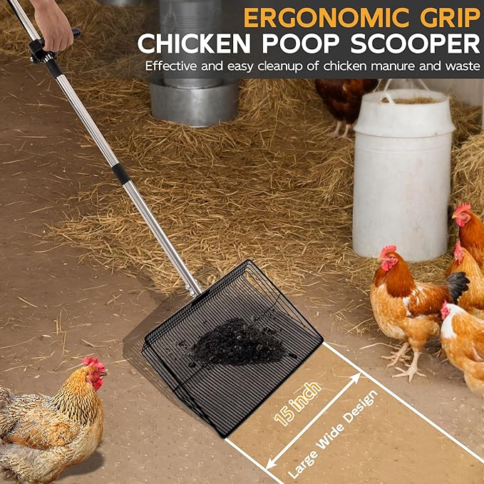 Large 15inch Chicken Poop Scooper, Chicken Coop Accessories 24-68" Long Litter Scoop with Ergonomic Grip, 5-in-1 Multifunctional Heavy Duty Litter Sifting Shovel for Coop, Goat Stall, Stable Cleaning